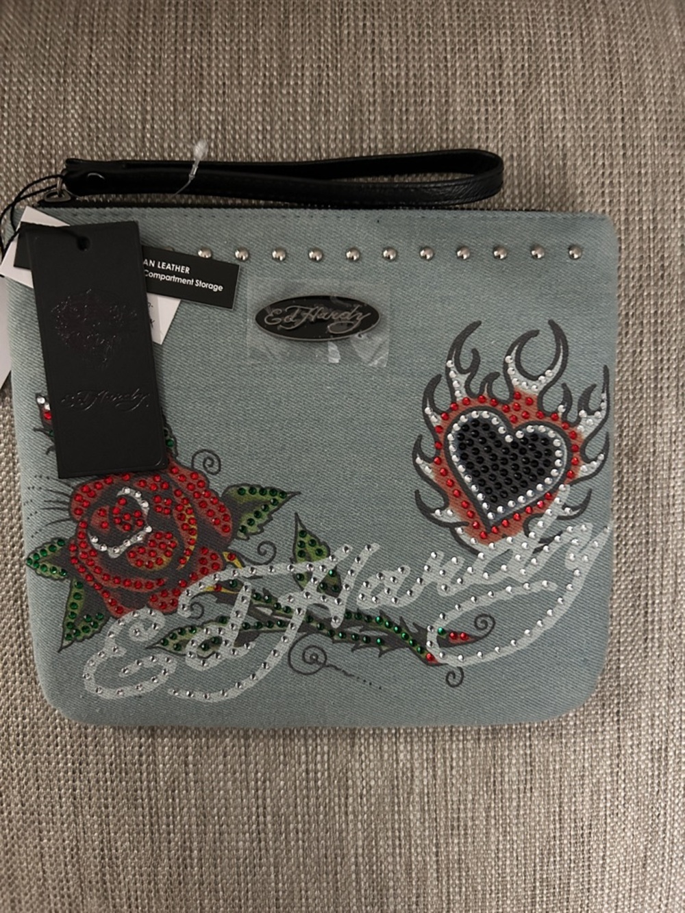 NWT Ed Hardy Gray Embellished Wristlet Clutch with Rose and Heart Design